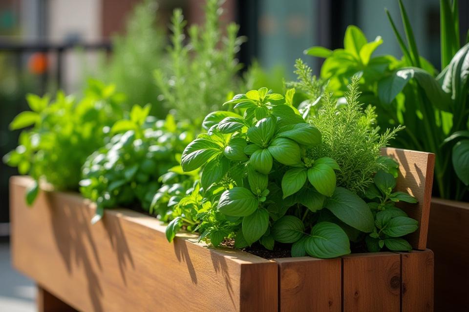 A beautiful custom-built planter box filled with a variety of herbs.